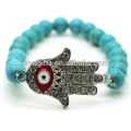 Turquoise 8MM Round Beads Stretch Gemstone Bracelet with Diamante Evil eye in the middle